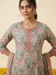 Conjunto Tradicional Indio para Mujer, Kurti de Algodón Verde con Estampado Floral, de Secado Rápido, Corte Regular, Largo Medio, con Sharara y Dupatta, Vestido para Fiesta - Product Image 4