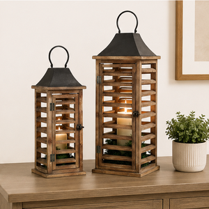 Ensemble de 2 lanternes en bois de style farmhouse moderne, lanternes rustiques en bois de sapin vieilli, porte-bougies décoratifs avec dessus en métal - Product Image 2