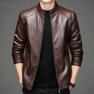 Blouson de moto en cuir véritable pour homme, coupe classique, coupe-vent, tendance hiver, col montant, doublure PU personnalisée, style urbain - Product Image 2