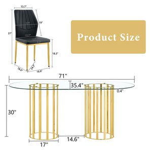 Set di Tavolo da Pranzo Ovale in Vetro Temperato da 71 Pollici e 8 Sedie in PU Nero con Colonna Doppia Dorata, Arredamento per Sala da Pranzo di Lusso - Product Image 4