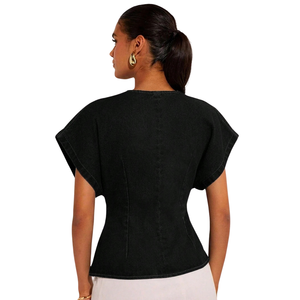 Womens <b>Black</b> Denim Washed 100% Cotton <b>Wrap</b> Style Short Sleeve V Neck Casual Blouse Elegant Office Summer Fashion Daily Wear Top - Product Image 2