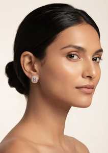 Boucles d'oreilles clous en diamant de laboratoire taille émeraude, or massif 9K, halo plaqué or pour femme, cadeau de mariage et de fiançailles - Product Image 4