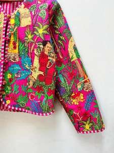 เสื้อแจ็คเก็ตบอมเบอร์ผ้าฝ้ายพิมพ์ลายบล็อก ทำมือ สไตล์โบโฮ สำหรับผู้หญิง แบบสั้น ใส่ได้สองด้าน เป็นมิตรกับสิ่งแวดล้อม ระบายอากาศได้ดี เหมาะสำหรับงานปาร์ตี้ในฤดูหนาว - Product Image 3