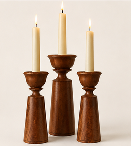 Handmade Rustic Mango Wood Pillar <b>Candle</b> Holder <b>Set</b> Vintage Decorative Wood Candlestick Stand For Wedding Centerpieces & Home - Product Image 1