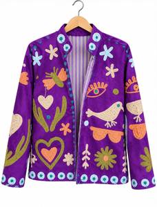 Blouson Bomber Brodé pour Femme, en Velours avec Patchwork, Col Montant, Doublure Coton, Vêtement d'Extérieur Tendance - Product Image 4