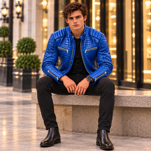 <b>Mens</b> <b>Blue</b> for Embossed Cow Skin Stand Slim Fit Motorcycle Jacket Breathable Custom OEM Luxury Fashion Outerwear - Product Image 6