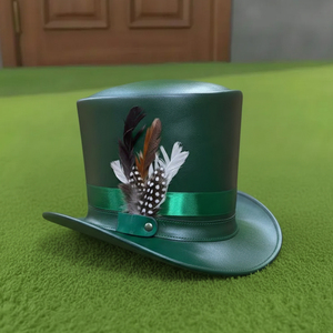 Premium quality custom made Handmade Green Leather <b>Top</b> Hat Steampunk Victorian Cosplay with <b>Feather</b> Detail - Product Image 2