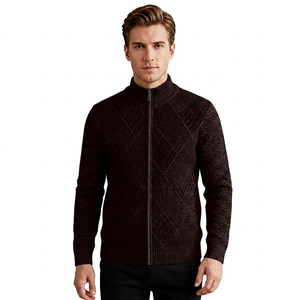 Cárdigan de Cuello Alto con Cremallera para Hombre, Gris, de Lana y Acrílico, Tejido, Manga Larga, Patrón Geométrico, Antipilling, para Otoño - Product Image 3