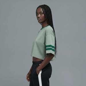 Wholesale Women's Mint Crop Top With Green Trim <b>Flame</b> Logo Print Crew Neck Short Sleeve Loose Fit Casual Spring Summer Wear - Product Image 5