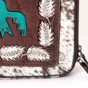 Ethnic Genuine Leather Jewelry Case with Cowhide Pattern and Turquoise Bird Design Zipper Closure Durable Storage <b>Box</b> - Product Image 4