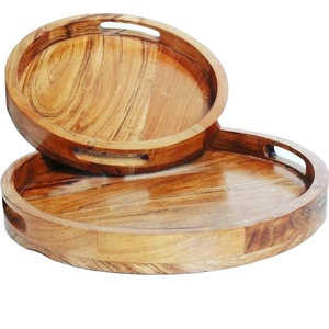 Hot Selling Round Wooden Serving <b>Tray</b> with Handles <b>Large</b> Durable Kitchen Dining Coffee Breakfast Decor Plate - Product Image 1