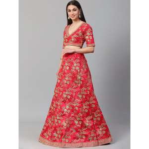 Ropa de boda de color rojo hipnótico satén bordado Lehenga Choli - Product Image 5