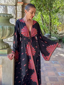 Bohemian Women Maxi Dress Black <b>Red</b> Floral V Neck Long Sleeve Loose Fit Resort Wear Dress - Product Image 3