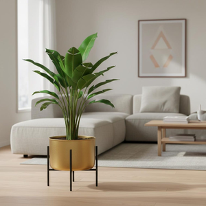 Pot de fleurs décoratif moderne en métal doré fait main avec support noir pour plantes d'intérieur, salon, bureau, chambre - Product Image 4