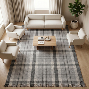 Tapis d'appoint épais en laine tuftée à la main, motif pied-de-poule noir/gris, antidérapant et écologique, idéal pour hôtels et salons - Product Image 4