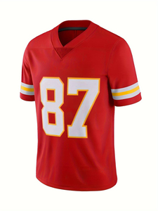 Maillot de football américain rouge numéro 15, col en V, manches courtes, maille respirante, coupe ajustée, unisexe, polyester, évacuation de l'humidité, nom d'équipe personnalisé - Product Image 2