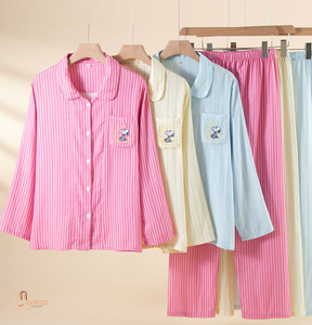 Pijamas de Algodón a Rayas para Mujer, Manga Larga, Bordadas, Ropa de Dormir Informal, Cuello Camisero, Cierre de Botones - Product Image 1
