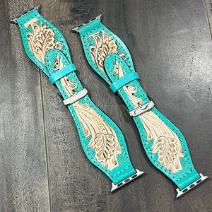 Bracelet de montre Apple en cuir véritable, style artisanal, décoré de motifs floraux, design de créateur, attache rapide, bracelet de remplacement pour femme. - Product Image 4