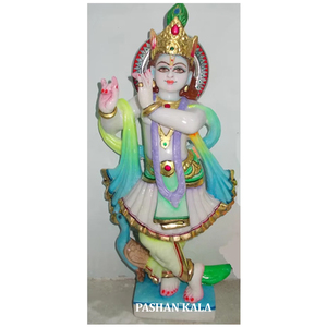 Estatua de la diosa Mable Krishna para regalo, en una posición de pie muy atractiva con pavo real junto a una estatua blanca, para uso en el hogar. - Product Image 1