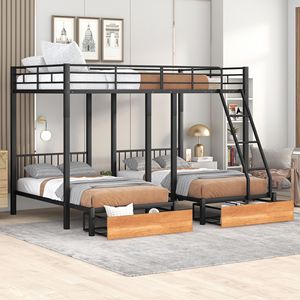 Letto a castello triplo in metallo nero con cassetti e sponde di protezione, configurazione Full Over Twin e Twin - Product Image 1