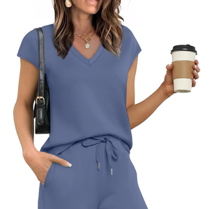 Women's Summer Lounge Tracksuit Set Loose Fit V-Neck Short Sleeve Top Wide Leg <b>Pants</b> Breathable Solid Blue Casual Wear S-XXL - Product Image 6