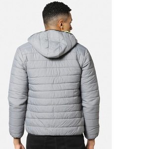 Blouson matelassé gris à capuche pour homme avec fermeture éclair vert citron, coupe-vent, décontracté, pour l'automne, couleur unie, coupe régulière, en polyester - Product Image 3