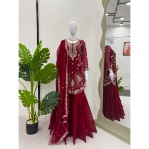 Conjunto de Chifón Elegante Azul Marino con Top, Pantalón y Dupatta con Bordado de Hilo y Lentejuelas, 100% Poliéster - Product Image 2