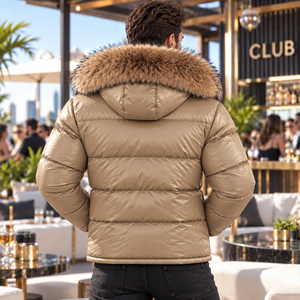 Men's Premium Leather Puffer <b>Jacket</b> With Fox <b>Fur</b> <b>Hood</b> | Piumino Lucido Uomo | Chaqueta Brillante | Doudoune Brillante - Product Image 4