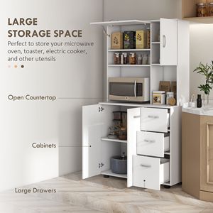 Dispensa da cucina bianca autoportante da 66 pollici con credenza e 2 armadietti grandi, 1 armadietto a scomparsa e 3 cassetti, ideale per ville - Product Image 4