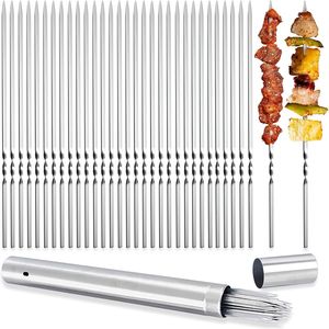 Portable 50-Piece 14.8\" Metal Kabob Skewers Set Flat <b>BBQ</b> Barbecue Reusable Grilling Tools - Product Image 1