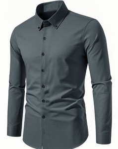 Camisa de Vestir Casual para Hombre, Color Gris Oscuro Sólido, Manga Larga, Cuello con Botones, Ecológica, Transpirable, Antiarrugas, Popelina - Product Image 1