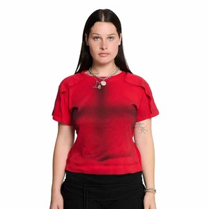 Women's <b>Red</b> Dip Dye <b>Crop</b> <b>Top</b> Short Sleeve O-Neck Knitted Breathable Casual T-Shirt Spring Summer Style - Product Image 3