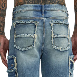 Pantalones Cortos Cargo de Mezclilla Desgastada para Hombre, 100% Algodón, Lavado Claro, Corte Relajado, Múltiples Bolsillos, Casuales, de Verano, de Secado Rápido, Transpirables, Deshilachados - Product Image 4