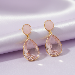 ต่างหูประดับพลอยสีชมพู |   เงินแท้ 925 ชุบทอง 18K |   พลอยรูปไข่และรูปลูกแพร์ |   ต่างหูแบบห้อยขนาด 5 นิ้ว 22 กรัม ของขวัญสำหรับเธอ - Product Image 3