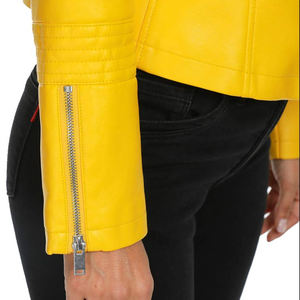 Veste de moto en cuir de vache jaune pour femme, coupe-vent, manches longues, col rabattable, fermeture éclair, longueur normale, couleur unie, hiver - Product Image 4