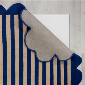 Luxury handmade wool rug modern geometric line pattern blue cream scallop design high low pile area <b>carpet</b> - Product Image 2
