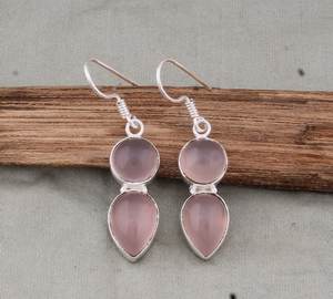 Boucles d'oreilles en argent sterling avec quartz rose, bijoux faits à la main avec pierres précieuses, boucles d'oreilles pendantes en cristal rose naturel, cadeau pour femme - Product Image 1