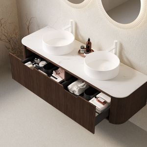 Mobile da Bagno DINA 60 Pollici con Armadietto a Muro, 2 Cassetti, Bordi Curvi Bianchi e Strisce, Vanità da Bagno - Product Image 2