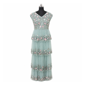 Luxury Sage Green Floral Embroidered Tiered Evening Gown for Women V Neck Sleeveless Party Dress Wedding Reception Maxi Dress - Product Image 1