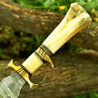 Couteau artisanal en acier Damas sur mesure, 15 pouces, manche en os avec embout en laiton, pour la chasse, le camping et les activités de plein air, lame fixe