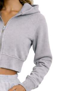 Sweat-shirt à capuche zippé personnalisé pour femme, coupe courte, manches longues, décontracté, en molleton doux, style streetwear, couleur gris clair, pour l'automne et l'hiver - Product Image 4