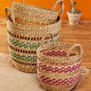 Juego de 3 cestas redondas de mimbre pintadas a mano con rayas, cestas de almacenamiento hechas a mano, venta al por mayor, ecológicas, hechas en Vietnam - Product Image 5