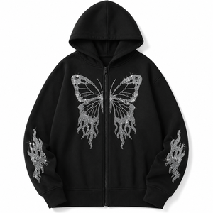Sudadera con Capucha Unisex de Diseño de Mariposa Personalizado, Patrón Sólido, Lavado Ácido, 100% Algodón, Estilo Oversize, Decorada con Pedrería - Product Image 3