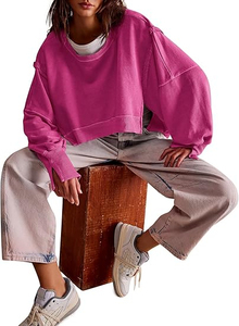 Sudadera Casual de Mujer, Manga Larga, Cuello Redondo, Ajuste Holgado, Estilo Crop Top con Abertura Lateral, Tendencia Otoño 2026 - Product Image 5