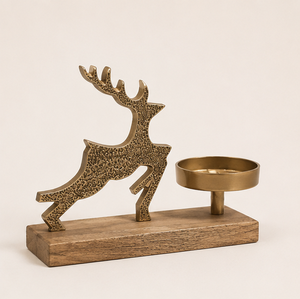 Premium Gold Reindeer Tealight Candle Holder With Natural Mango Wood Base Antique Metal Stag Table Centerpiece For Christmas - Product Image 2