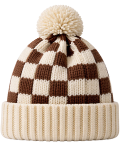 Gorro de Punto Personalizado a Cuadros Marrón y Blanco, Gorro de Invierno Cálido con Pompón, Gorro de Punto Grueso Unisex, Gorro con Logo Personalizado, Proveedor OEM - Product Image 1