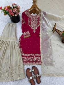 Kurti en soie GMY lourde avec broderie Dori-sequins et travail de perles rivetées, ensemble complet avec Plazzo et Dupatta entièrement cousus, pour femme, style ethnique - Product Image 6