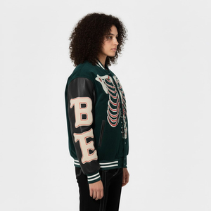 Custom Unisex Forest Green Skeleton Varsity <b>Jacket</b> Black Faux Leather Sleeves Rib Cage Bone Graphic Snap Button <b>Gothic</b> By SHH - Product Image 5