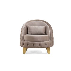 Sedia in Legno Stile Moderno con Bottoni Trapuntati Color Tortora e Gambe in Metallo Dorato per Soggiorno - Product Image 1