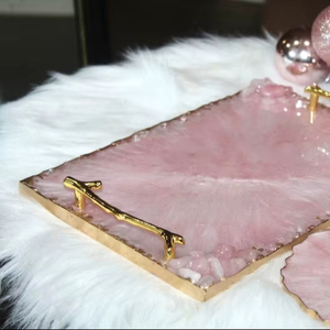 HANDMADE Pink Rose quartz Theme Resin tray, Epoxy Resin Tray with Rose Quartz Rim, White and Pink Resin Tray with gold <b>Paint</b> and - Product Image 1